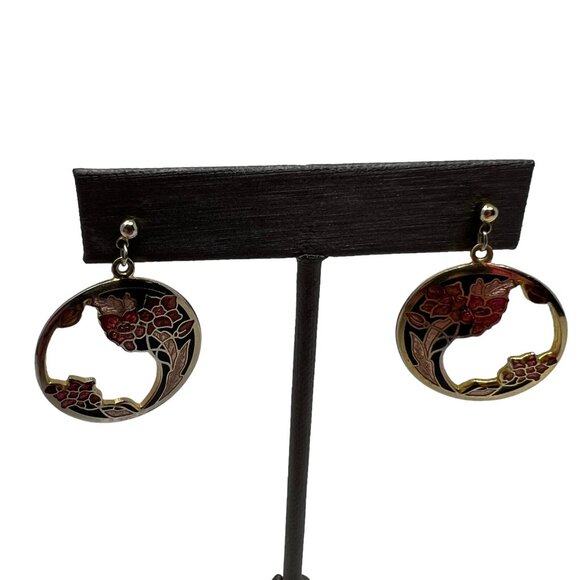 Vintage Fish and Crown‎ Earrings Black Pink Enamel Flowers Drop Dangle Pierced - Picture 1 of 8